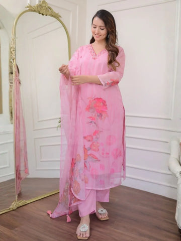 blush bloom premium organza printed kurta set