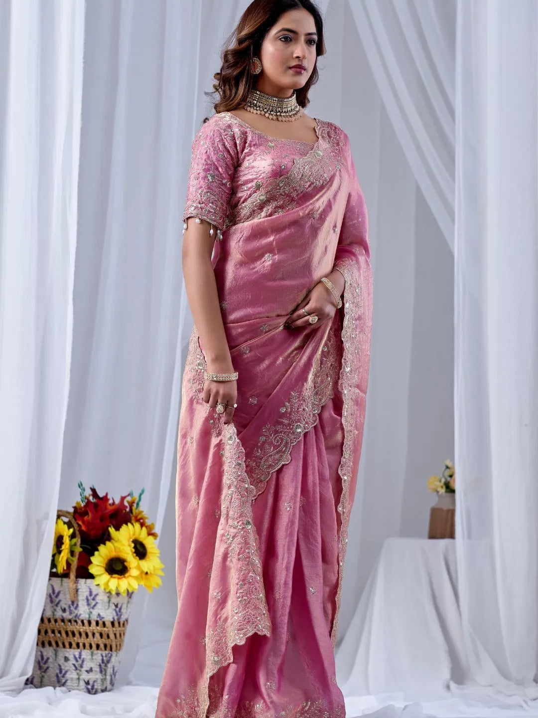 pink silk saree