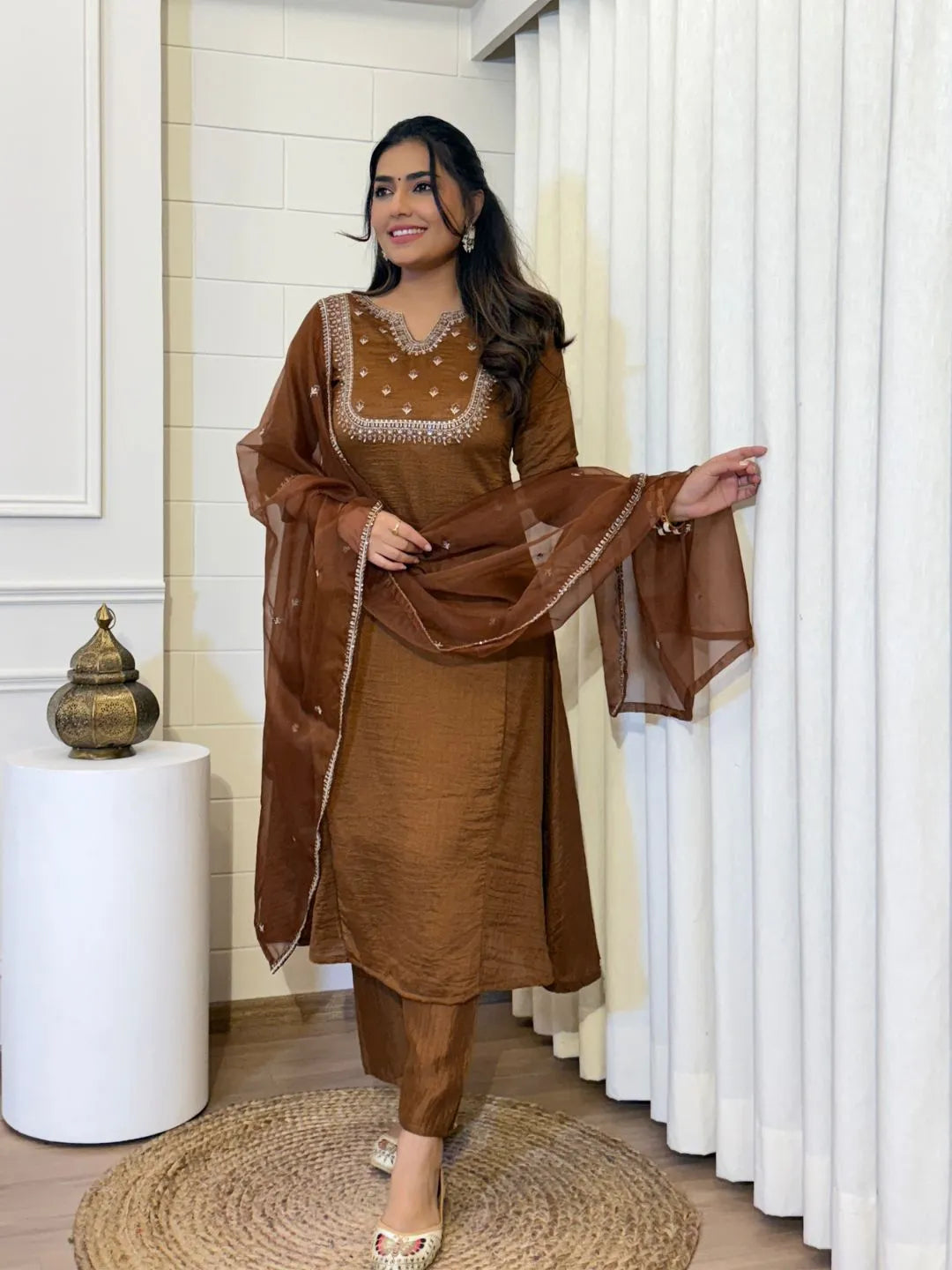 brown embroidered vichitra silk kurta pant set