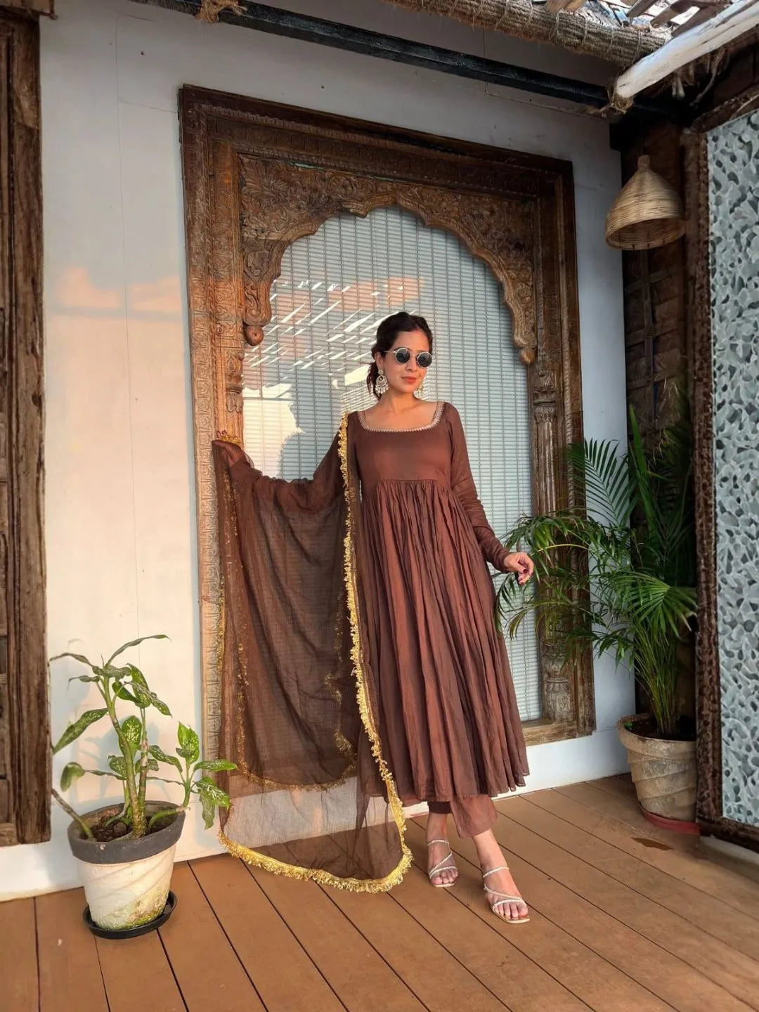 women brown anarkali kurta set