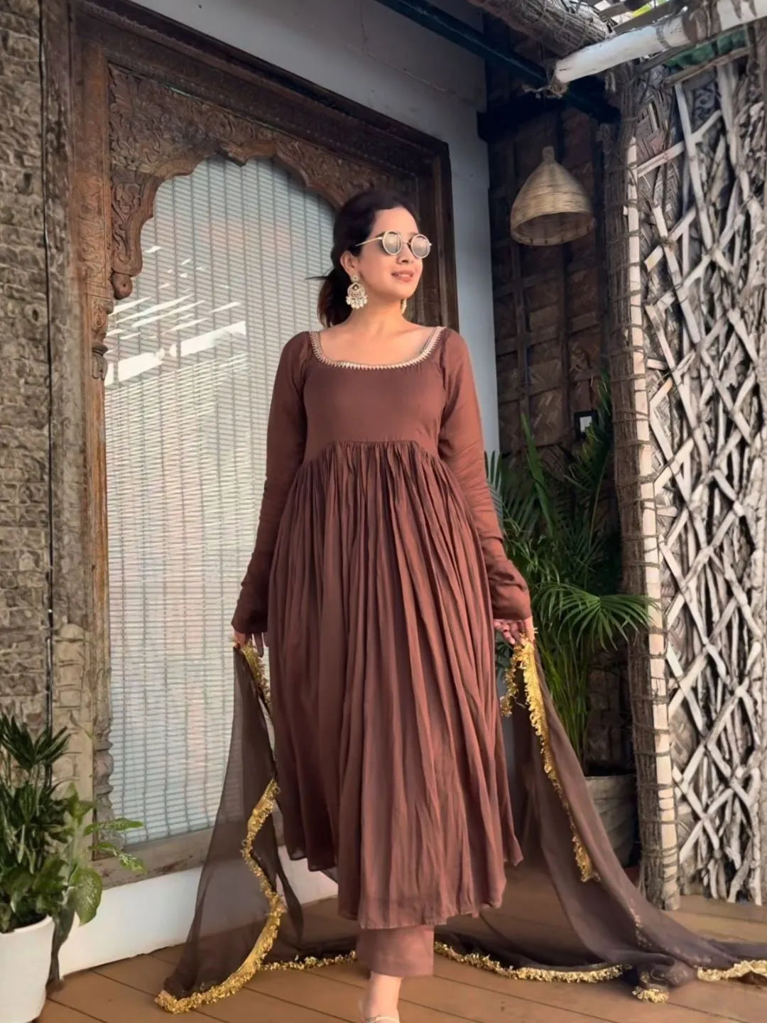 brown pure cotton anarkali kurta set