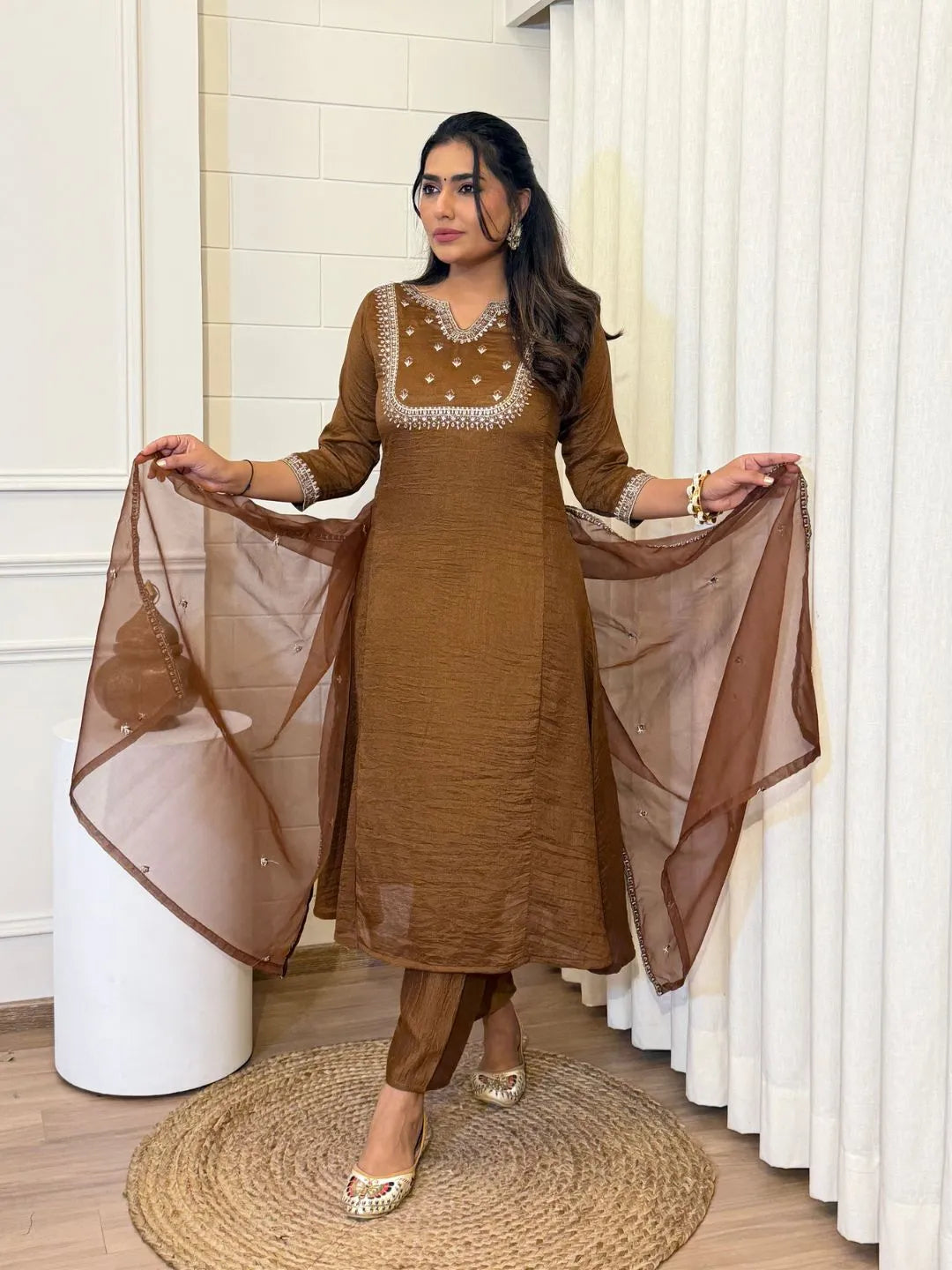 brown silk kurta pant set