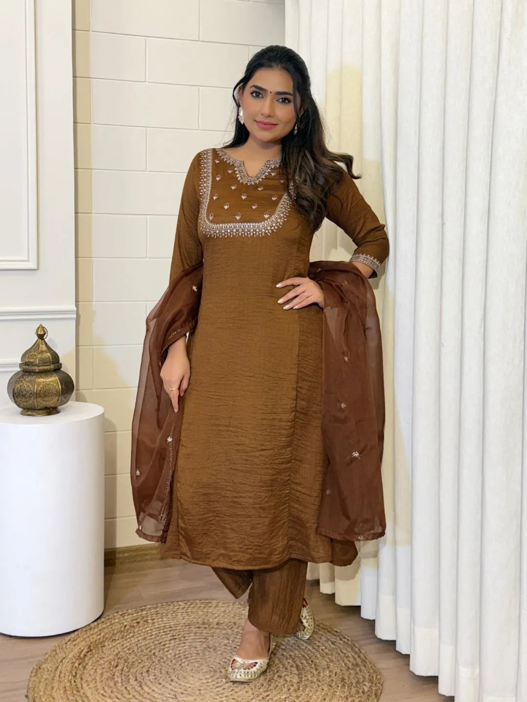 brown vichitra silk kurta pant set