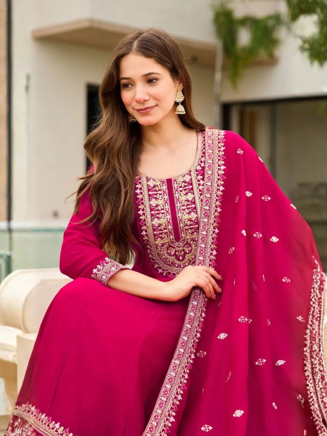 buy magenta embroidered kurta set