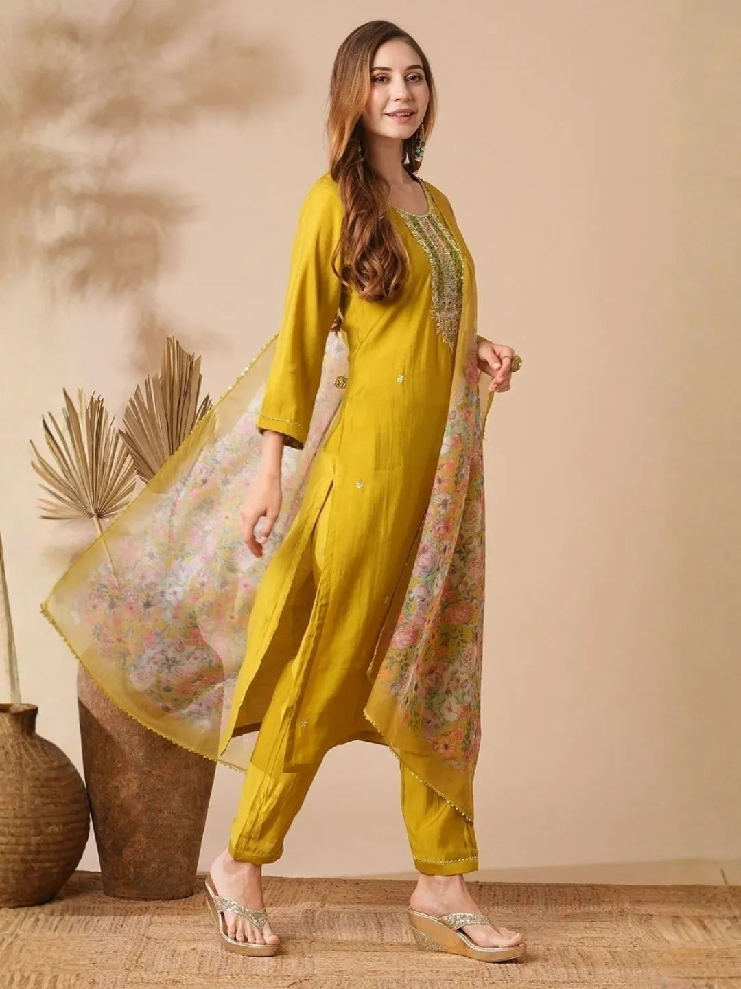 mustard yellow chanderi cotton kurta set