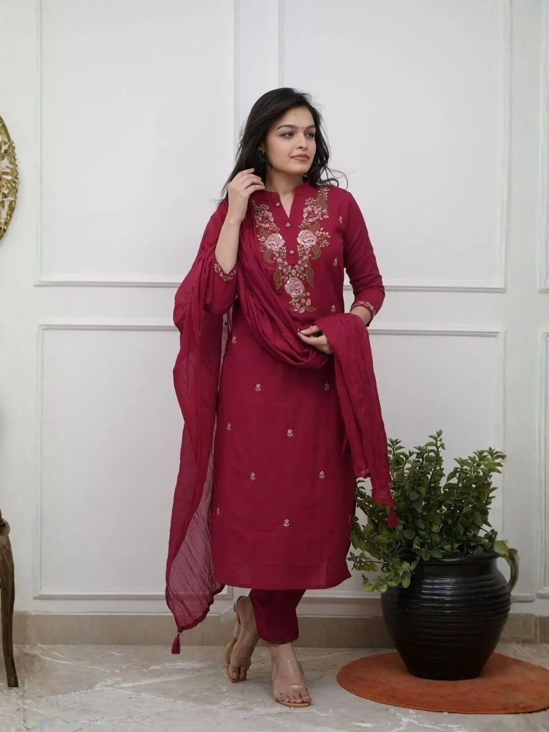 buy wine embroidered kurta set
