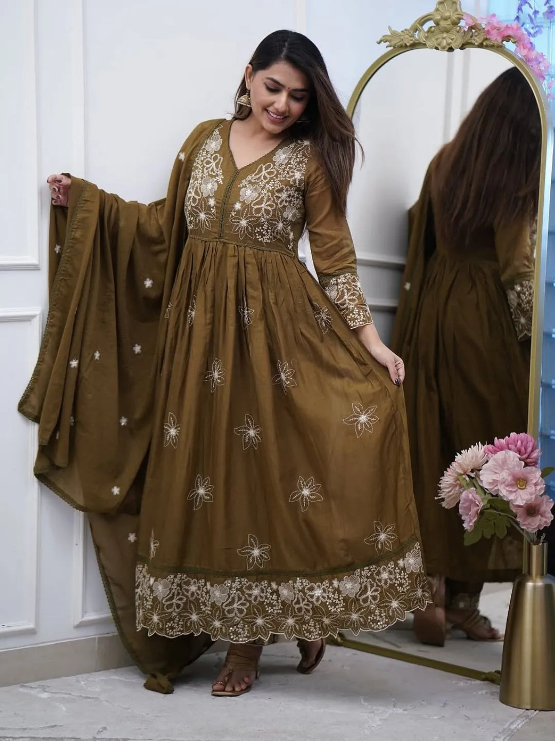 buy women olive green embroidered cotton silk kurta set
