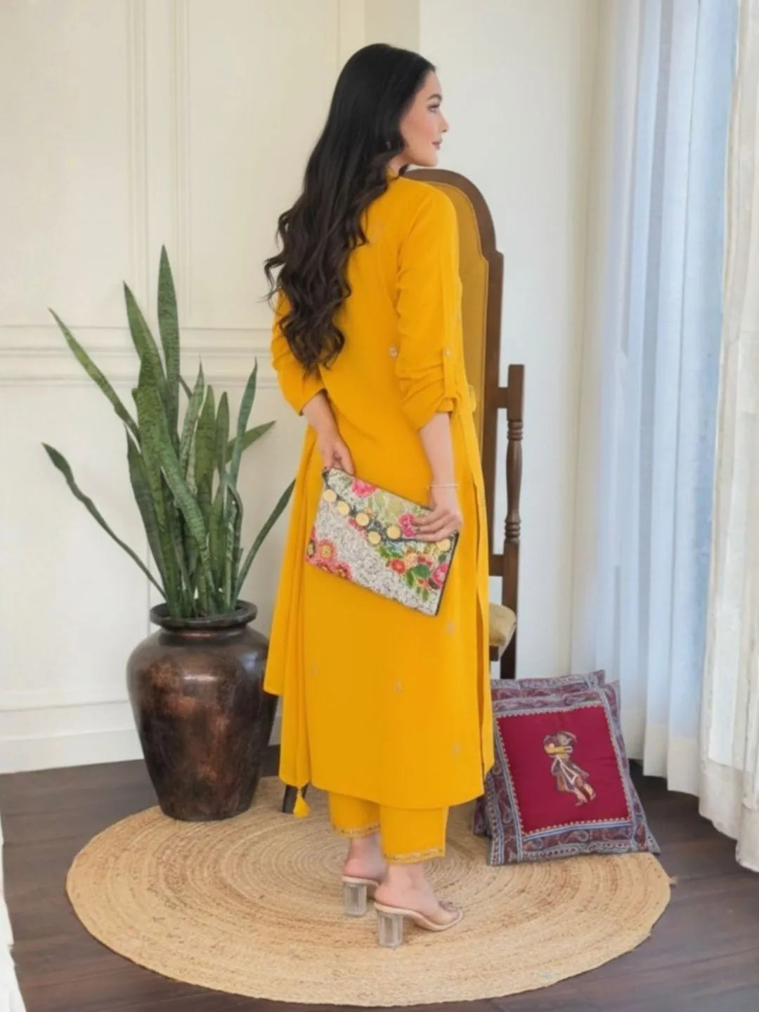 buy yellow embroidered kurta set