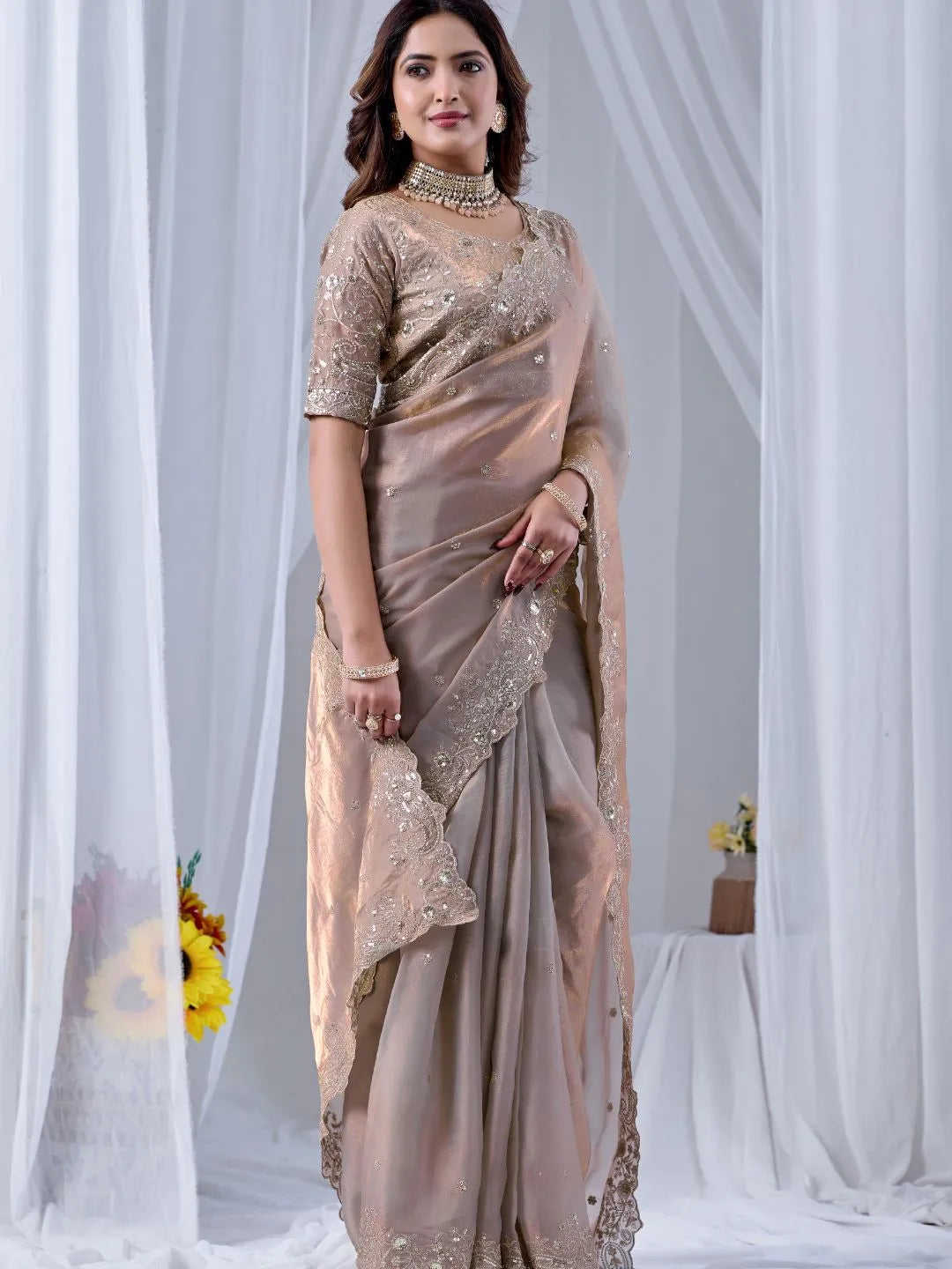 champagne beige embroidered silk saree