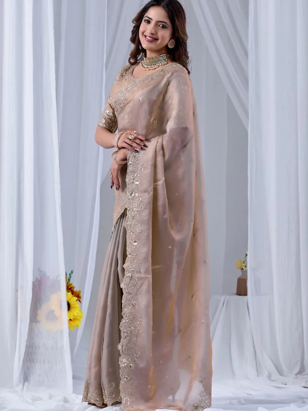 champagne beige silk saree