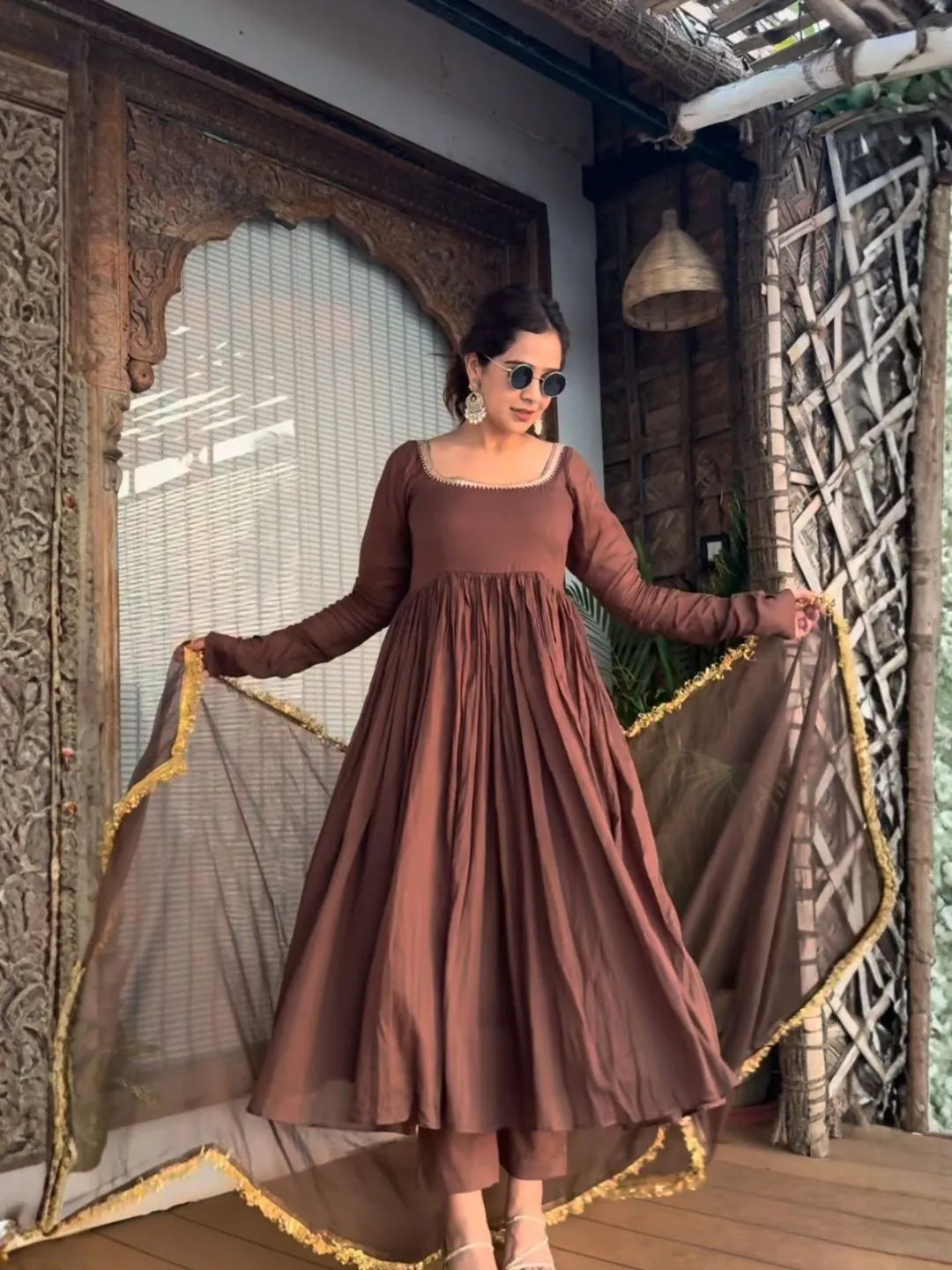 chocolate brown pure cotton anarkali kurta set