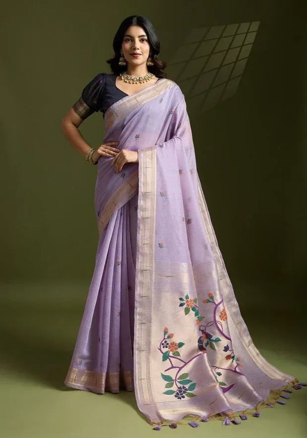 cotton lavender paithani saree