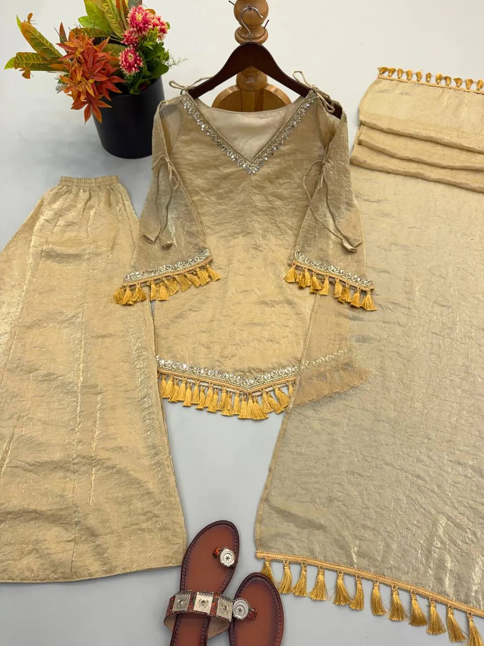 Cream Designer Doremon Crush Palazzo Set