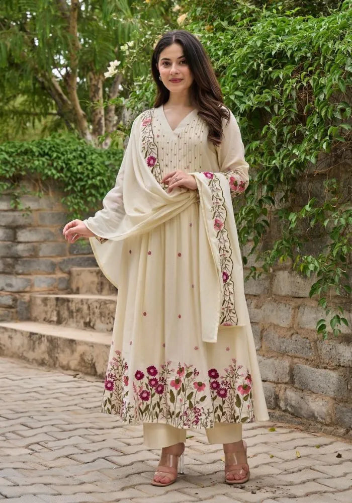 cream embroidered chanderi silk kurta set