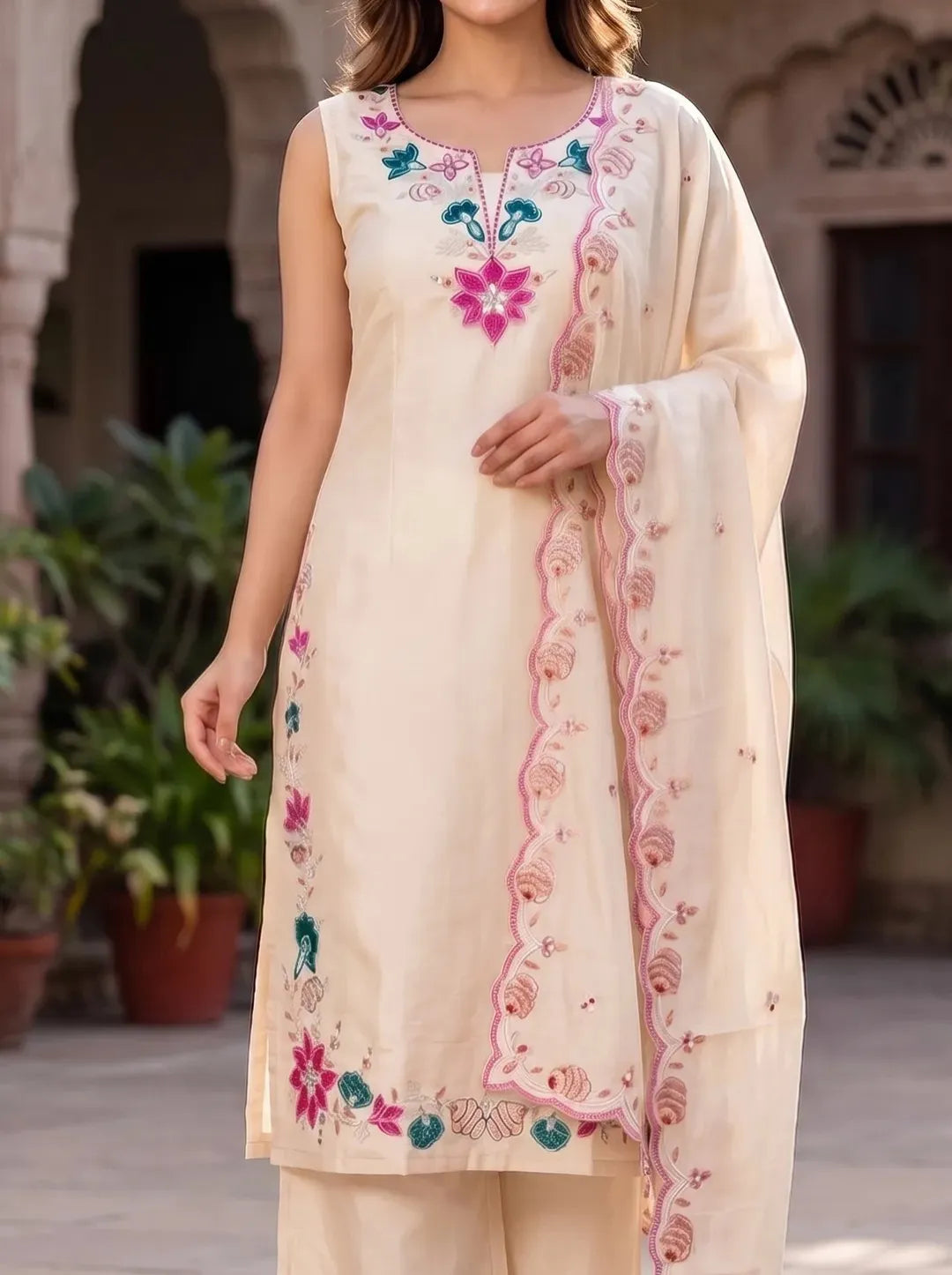 Cream Embroidered Kurta
