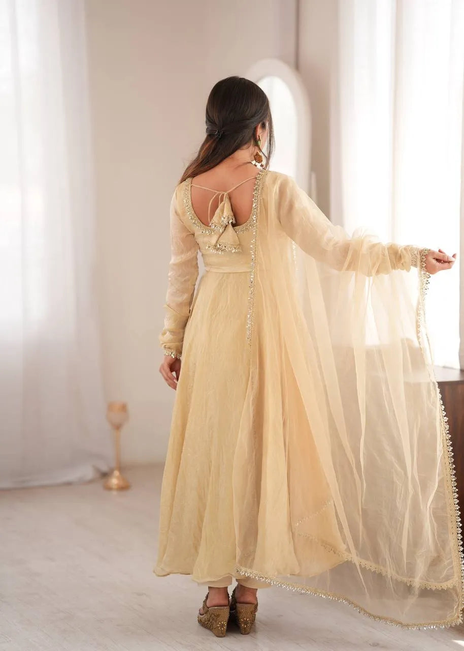 Cream Doremon Crush Flared Anarkali Suit