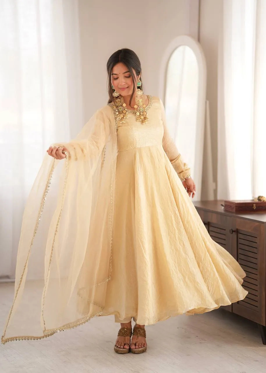 Cream Doremon Crush Flared Anarkali Suit