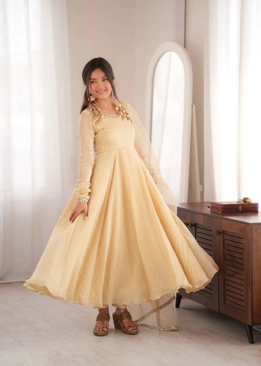 Cream Doremon Crush Flared Anarkali Suit