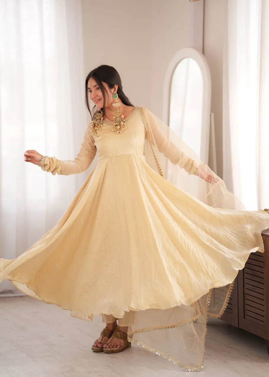 Cream Doremon Crush Flared Anarkali Suit