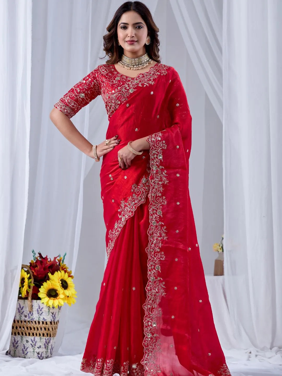 crimson red embroidered silk saree