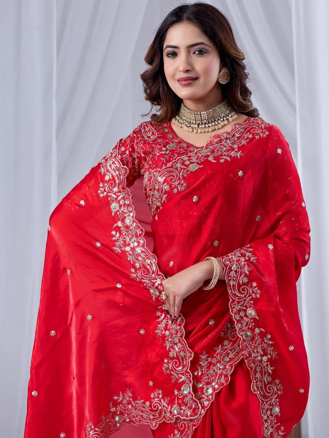 crimson red festive saree