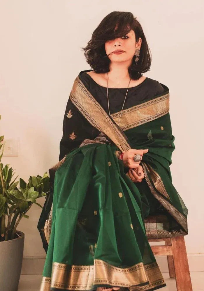 dark green floral zari saree