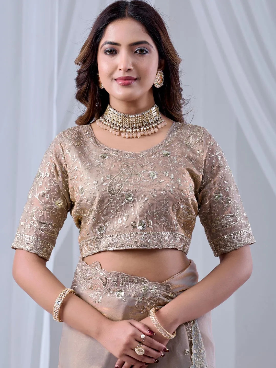 designer beige silk saree