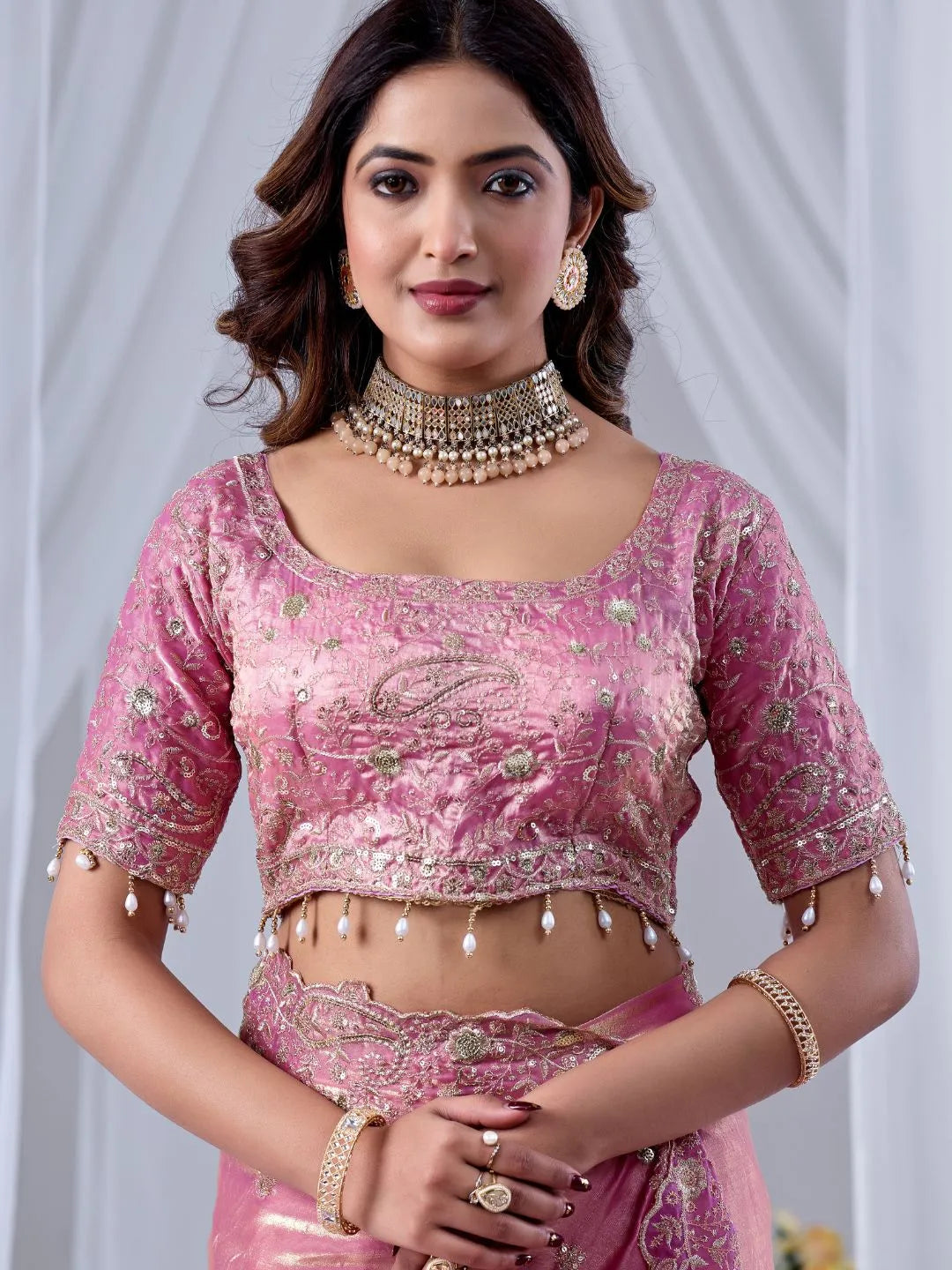 designer blush pink silk saree