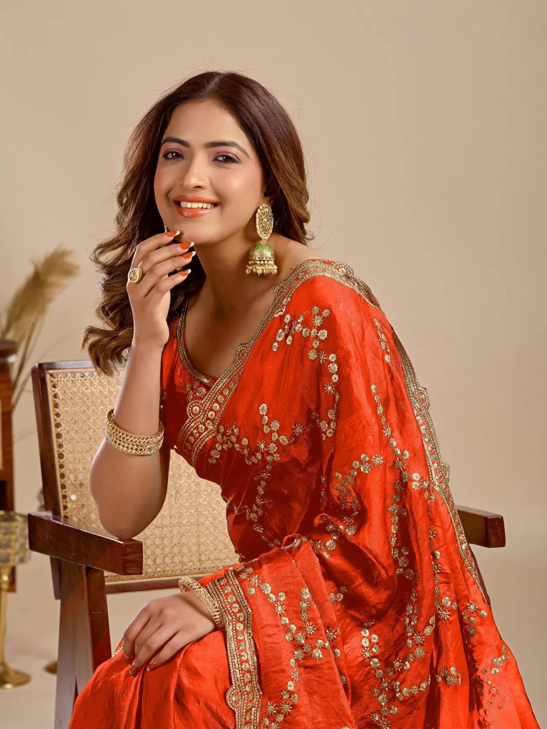designer orange silk saree