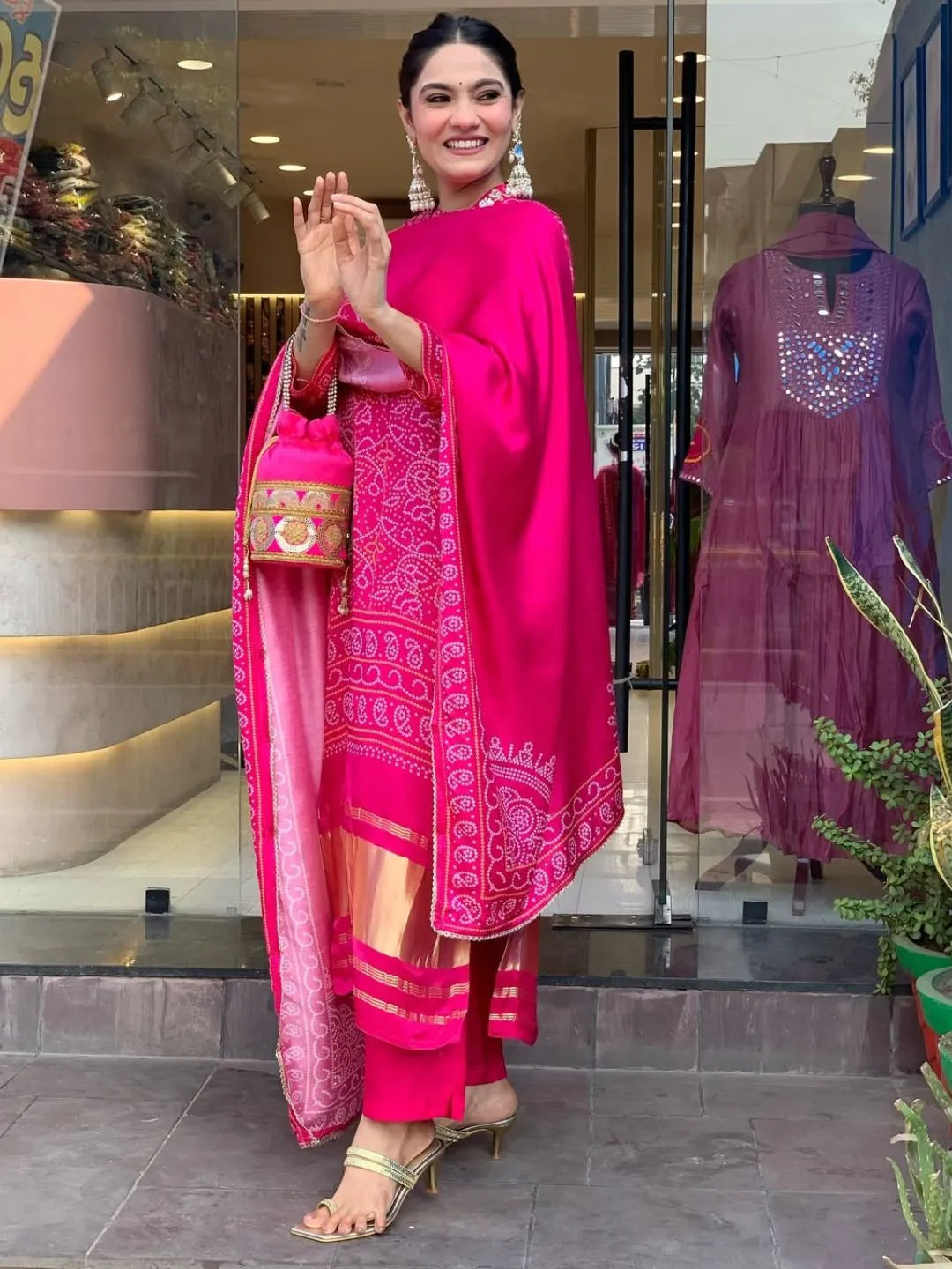 designer pink hand printed kurta set