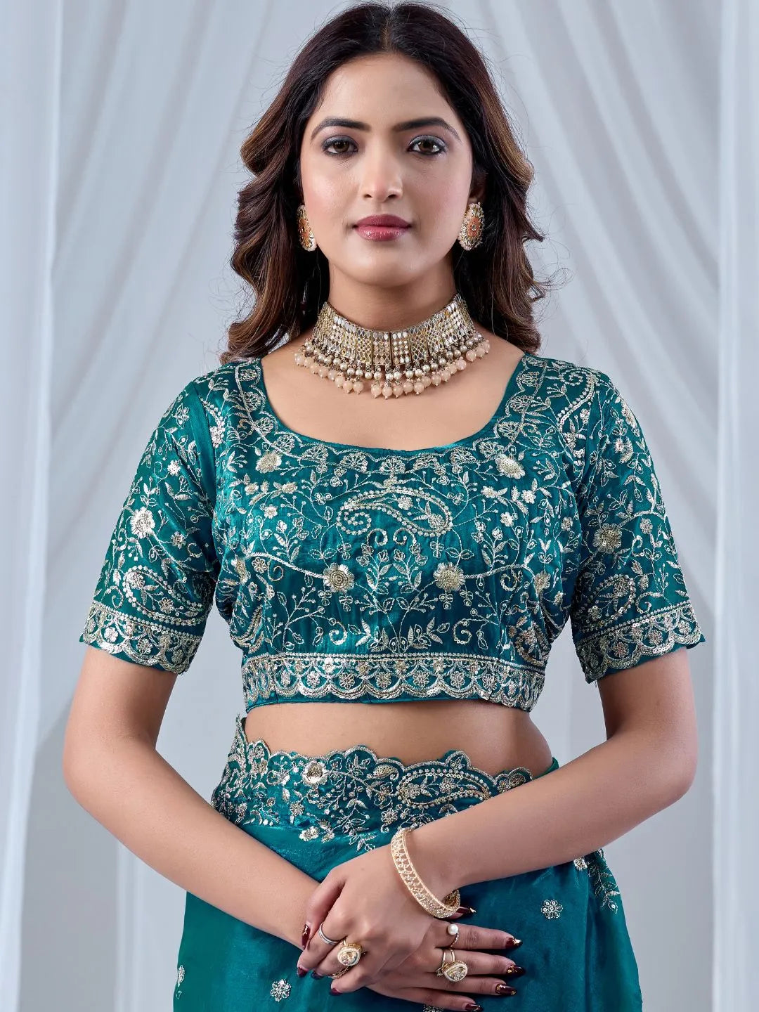designer teal blue silk saree