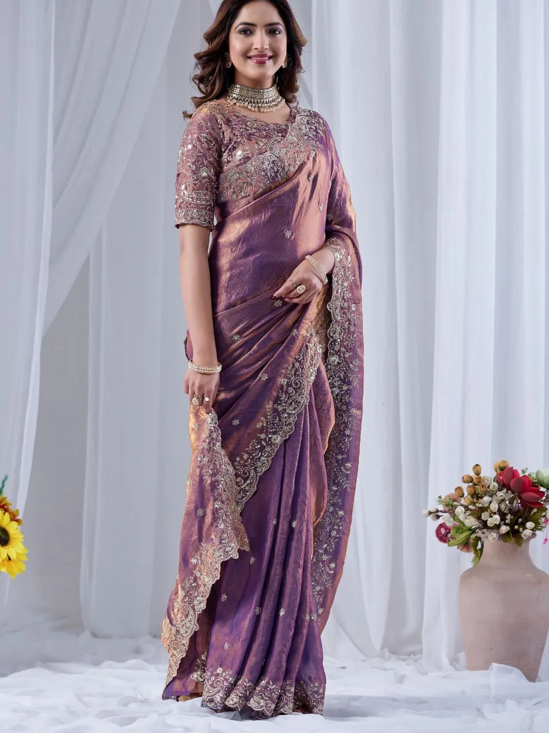 dusty mauve embroidered silk saree