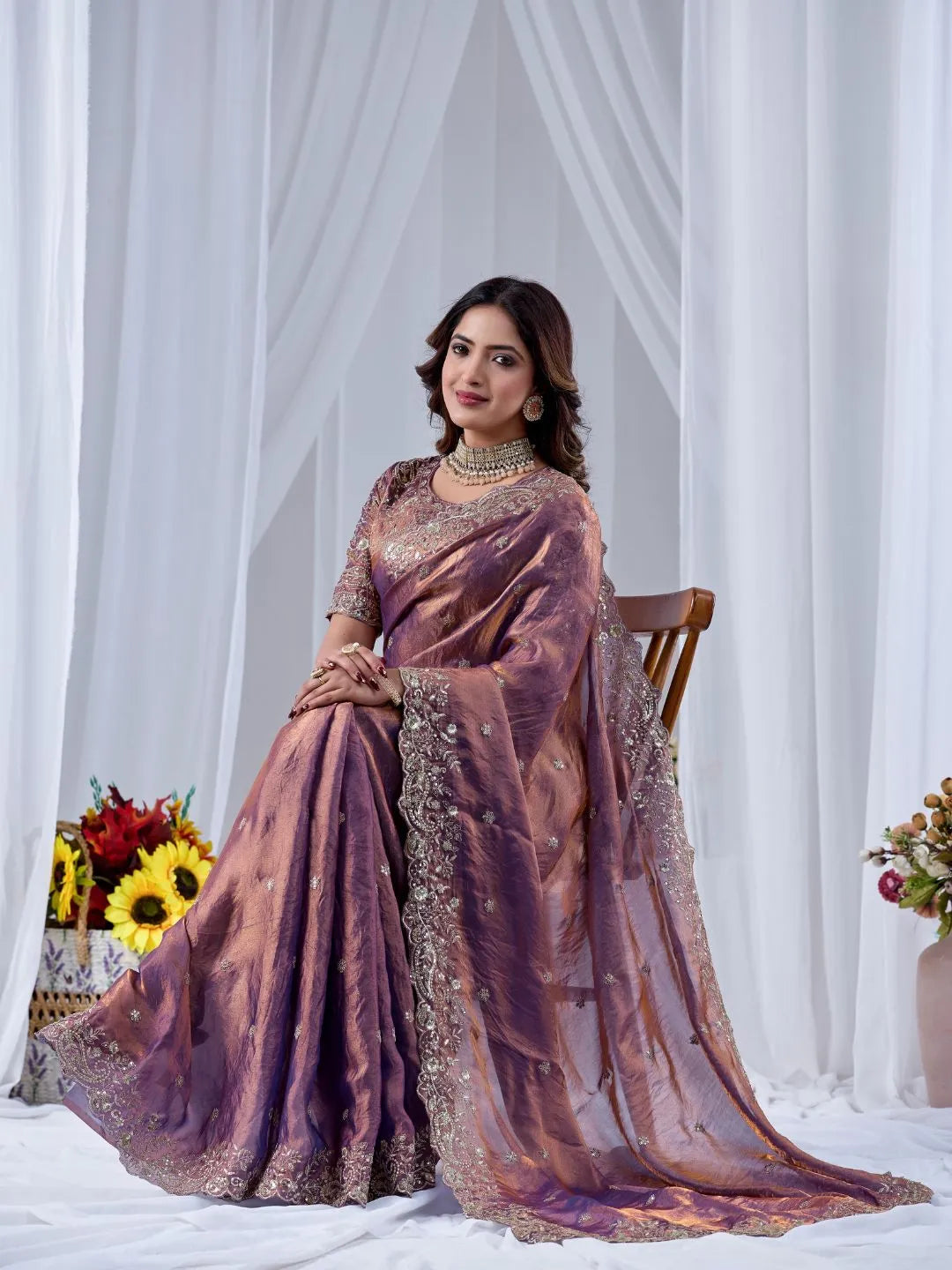 dusty mauve festive silk saree