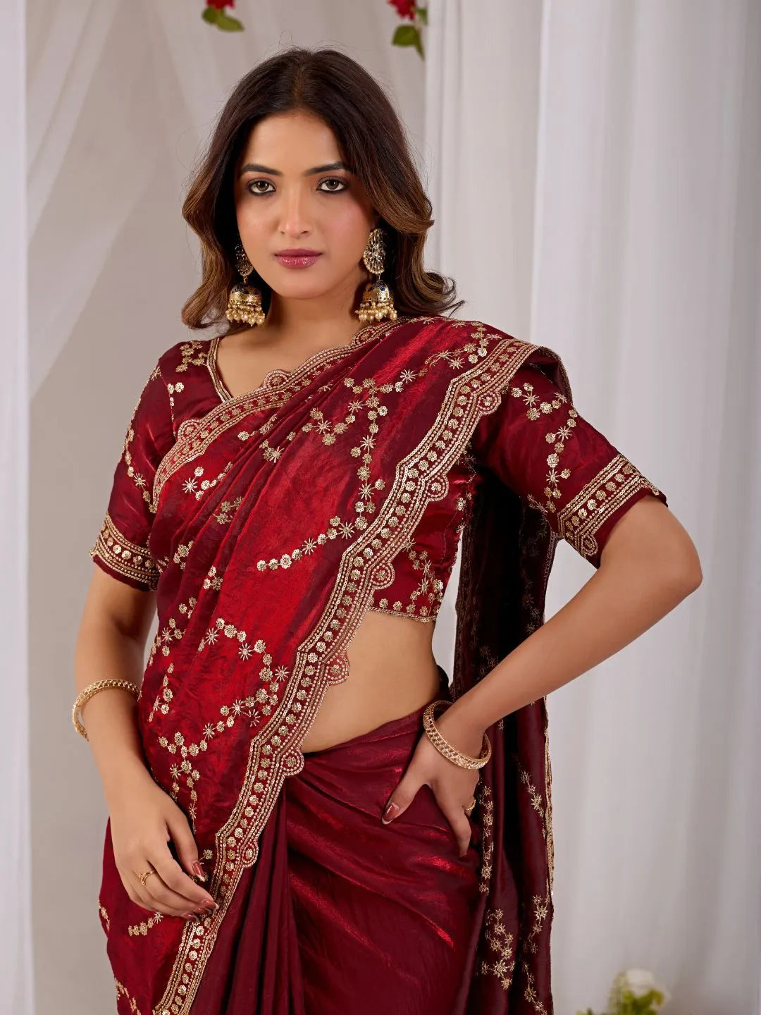 embroidered wine red silk saree