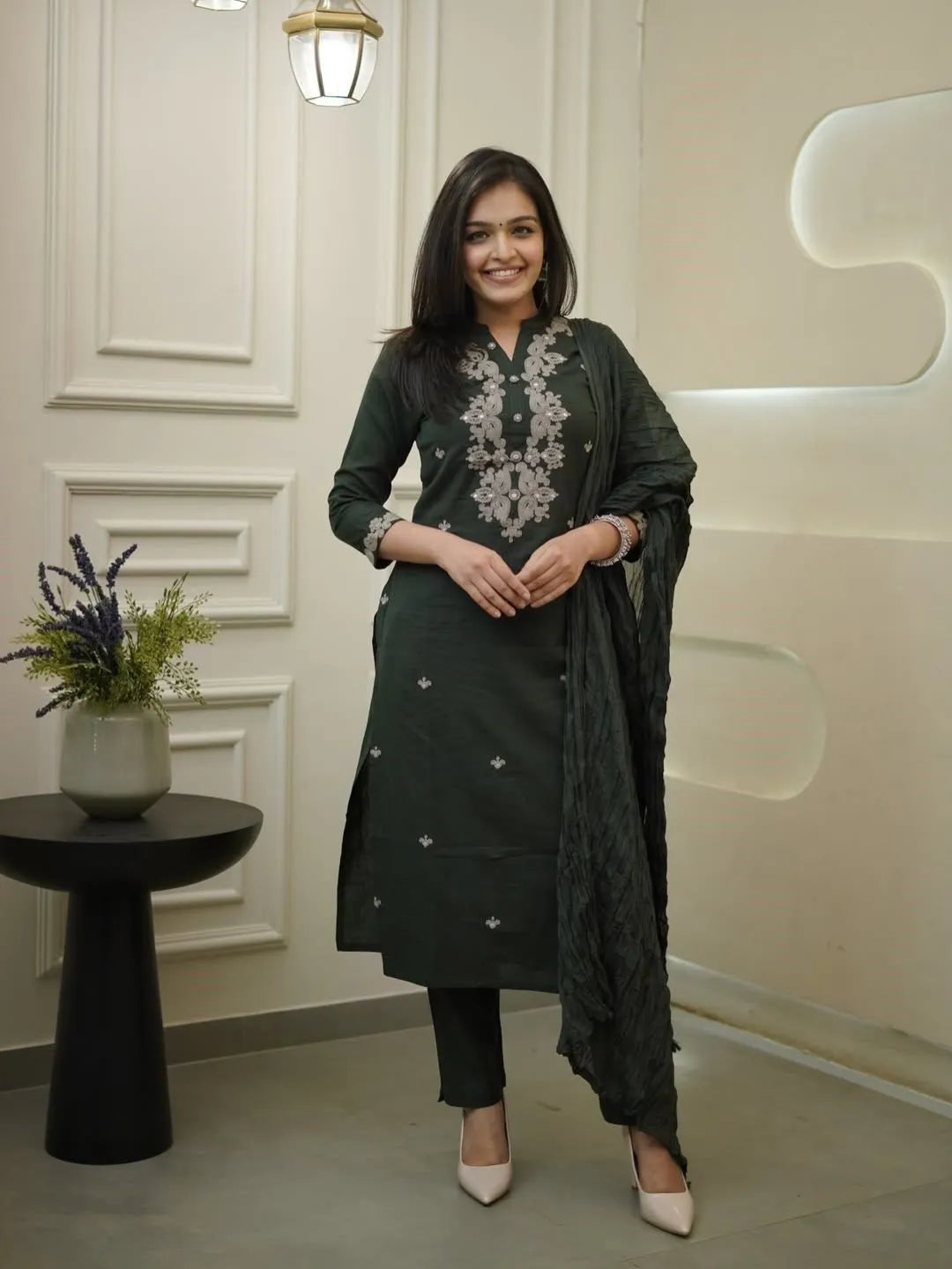 forest green embroidered rayon kurta set