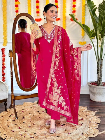 fuchsia pink chanderi embroidered kurta pant set