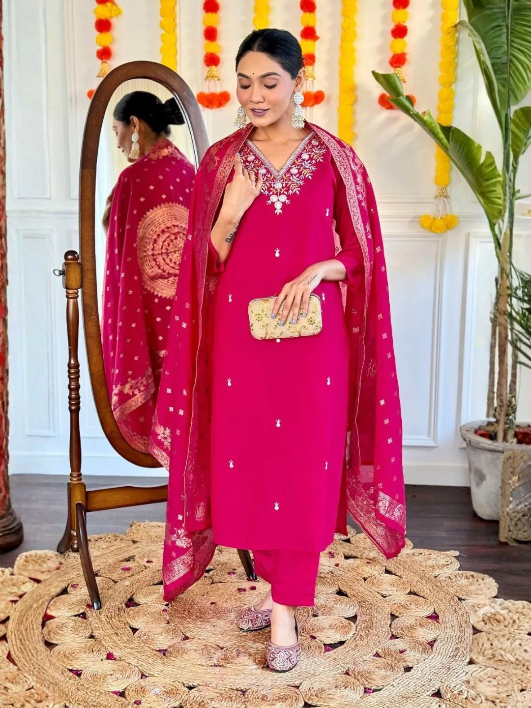 fuchsia pink embroidered kurta pant set