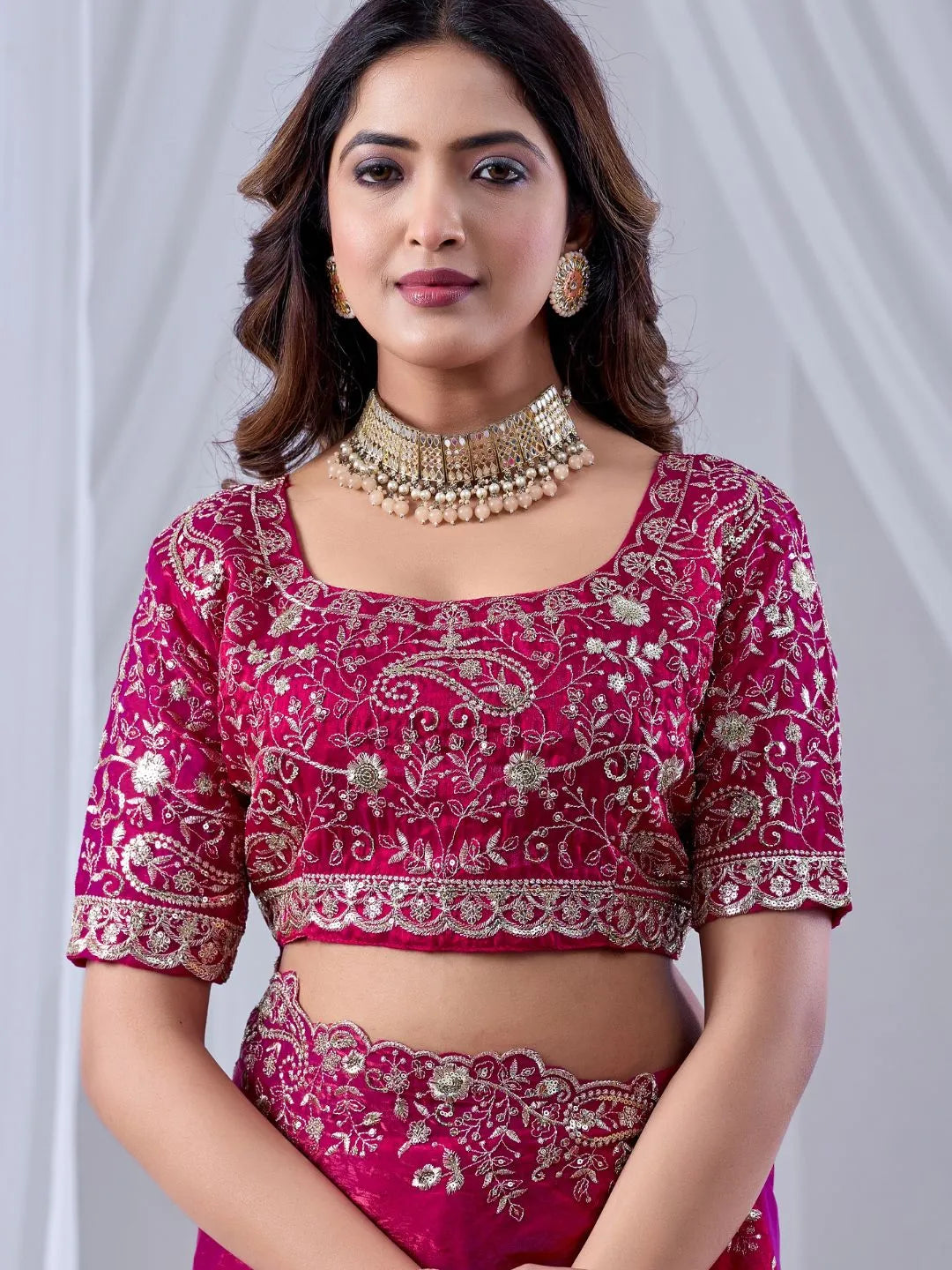 fuchsia pink embroidered saree