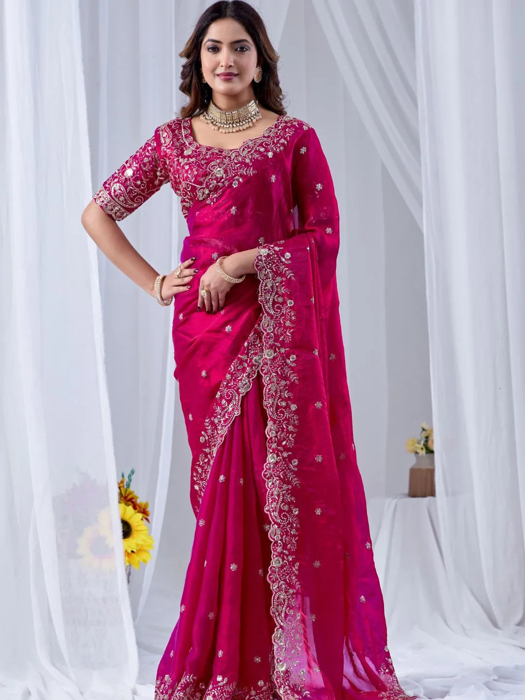 fuchsia pink embroidered silk saree