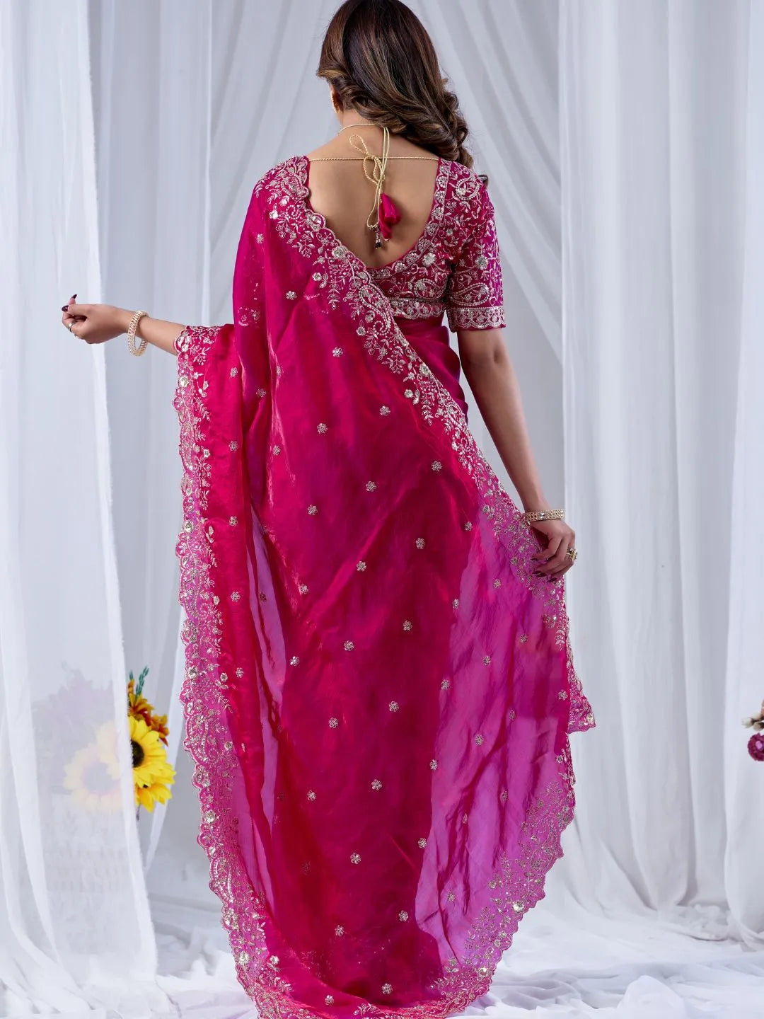 fuchsia pink festive silk saree