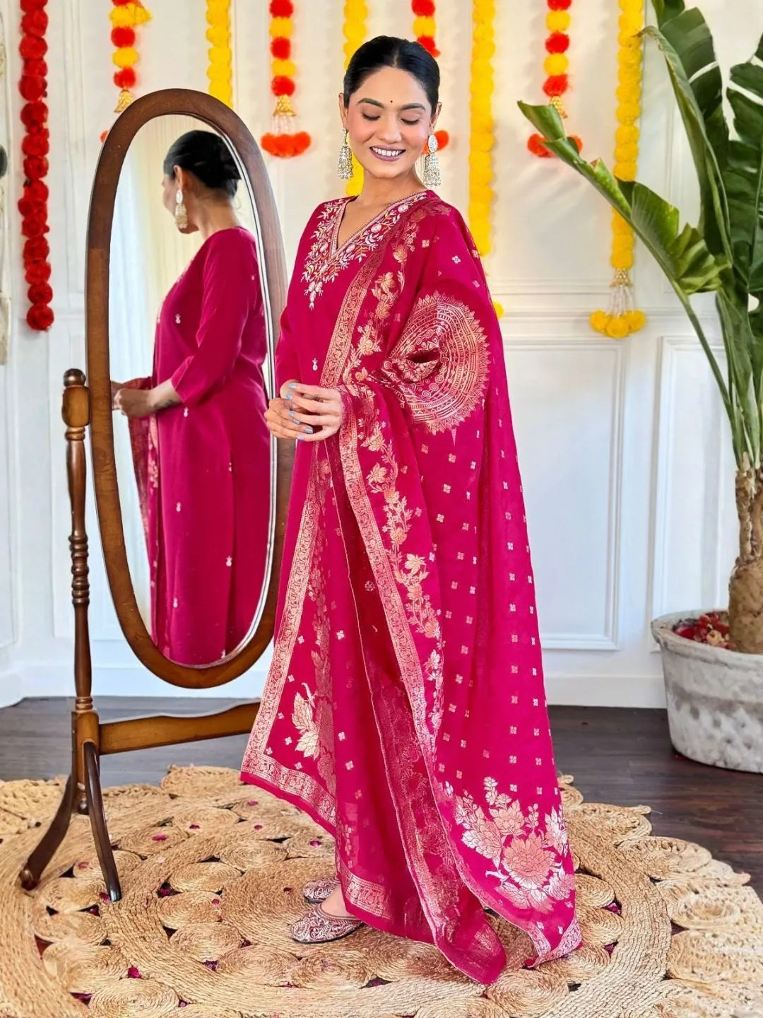 fuchsia pink kurta pant set