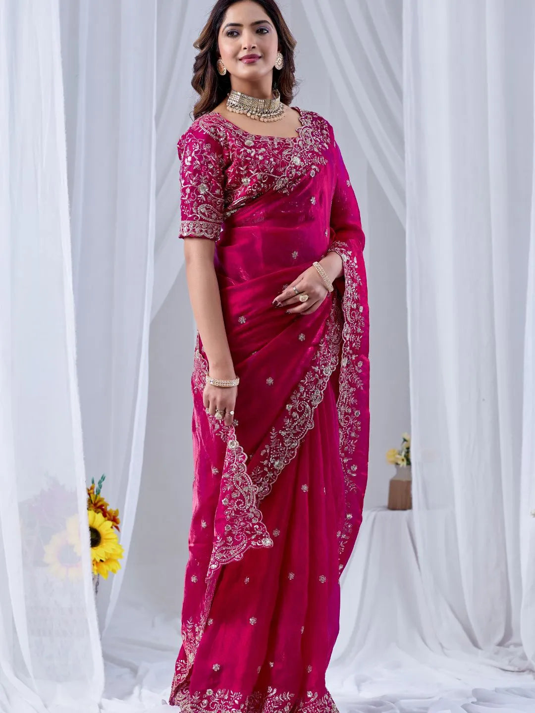 fuchsia pink embroidered silk saree