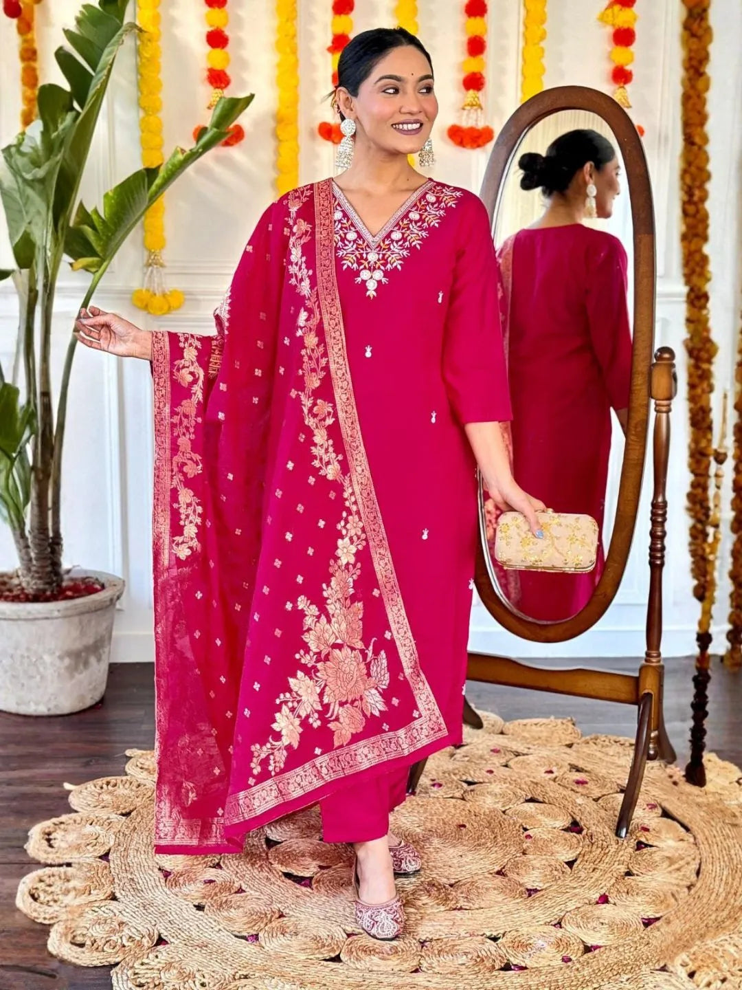 fuchsia pink viscose chanderi embroidered kurta pant set
