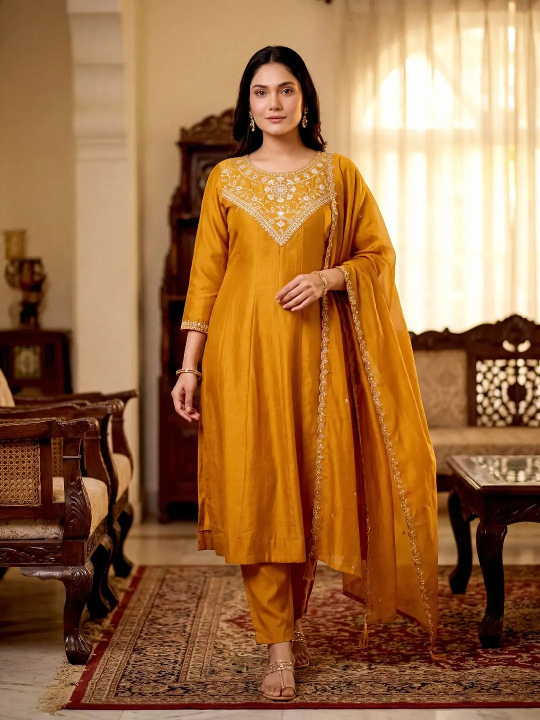 gold embroidered silk kurta set