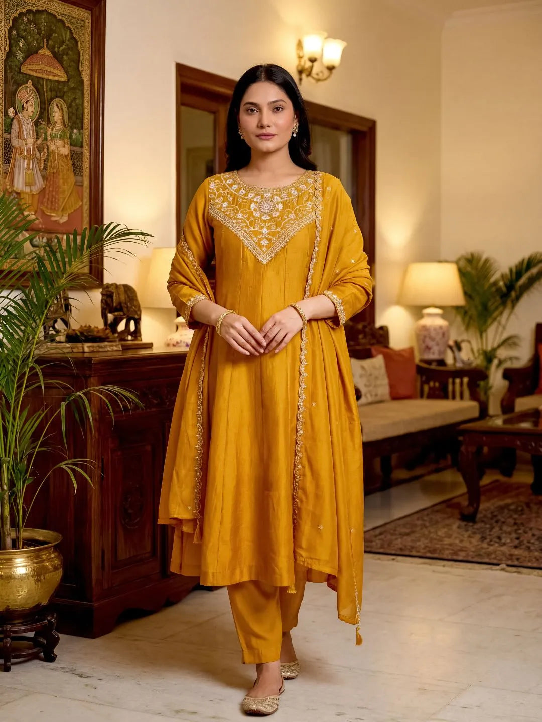 gold ethnic anarkali kurta set