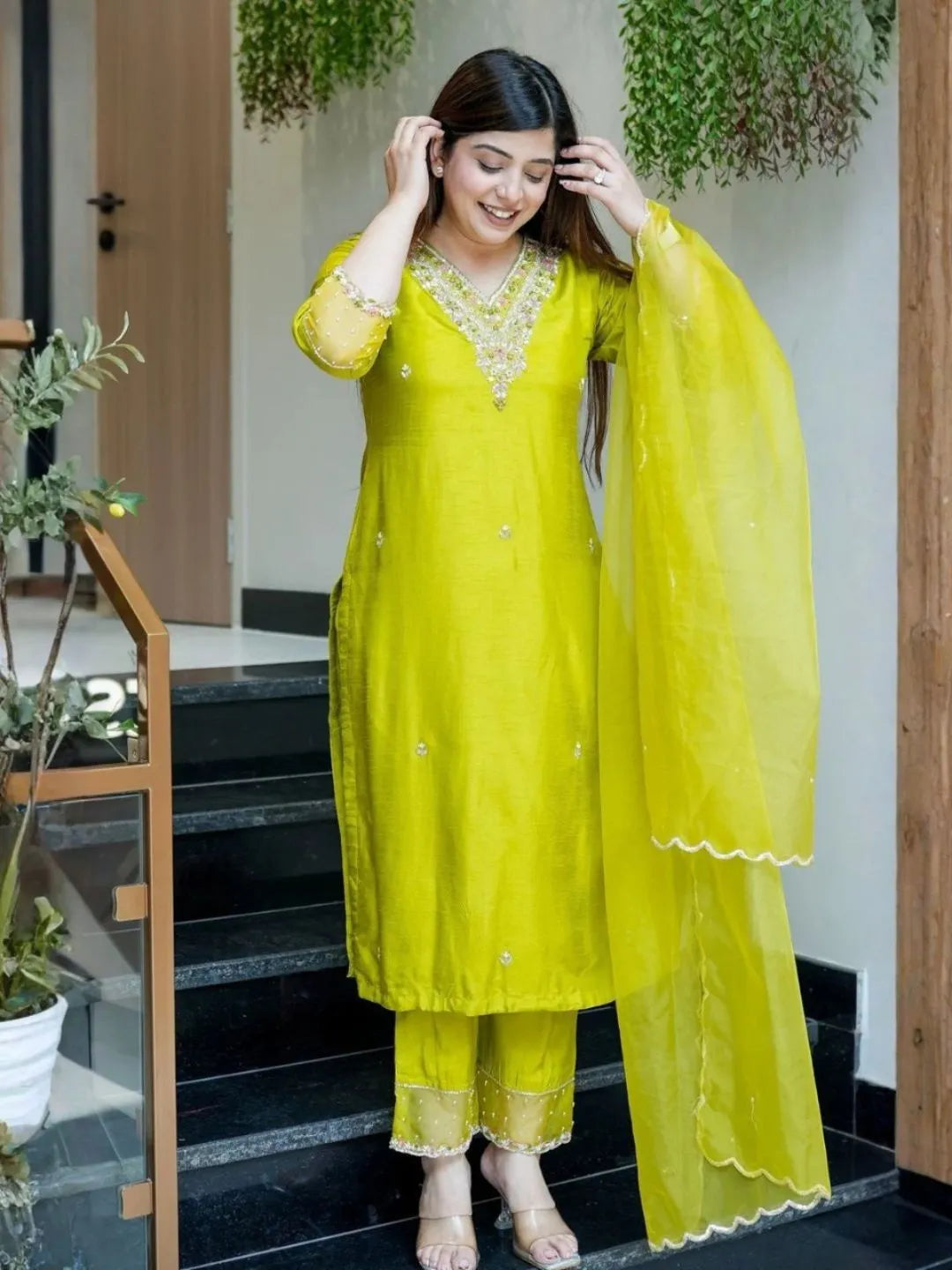 green chanderi kurta set