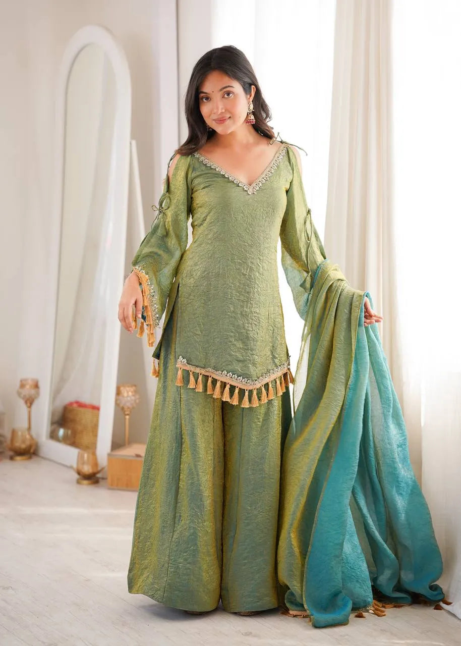 Green Designer Doremon Crush Palazzo Set