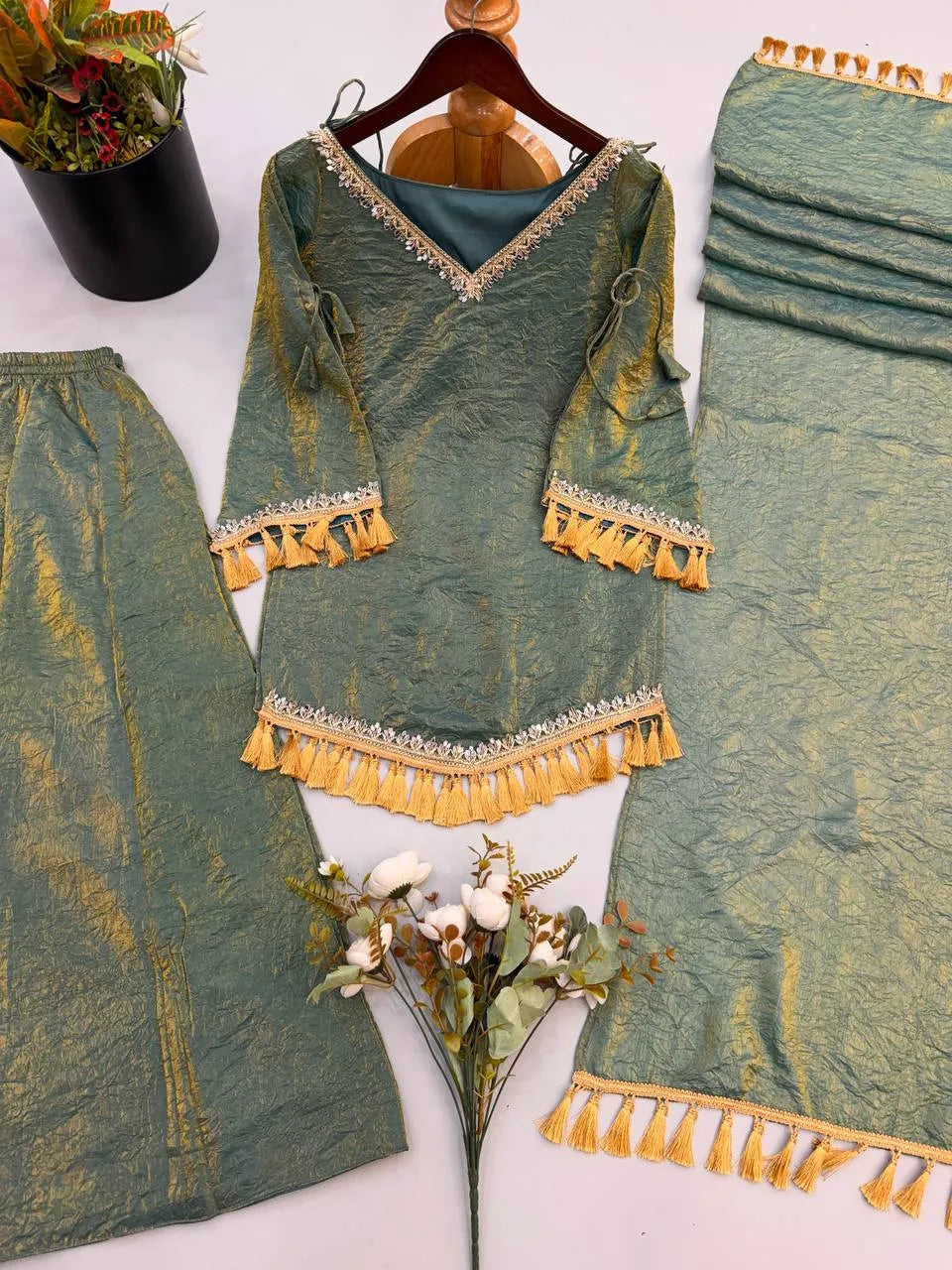 Green Designer Doremon Crush Palazzo Set