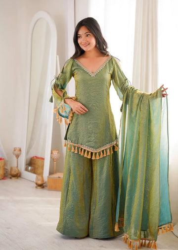 Green Designer Doremon Crush Palazzo Set
