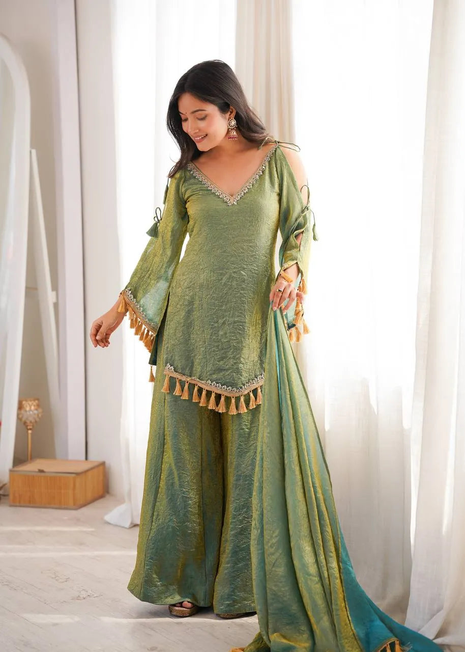 Green Designer Doremon Crush Palazzo Set